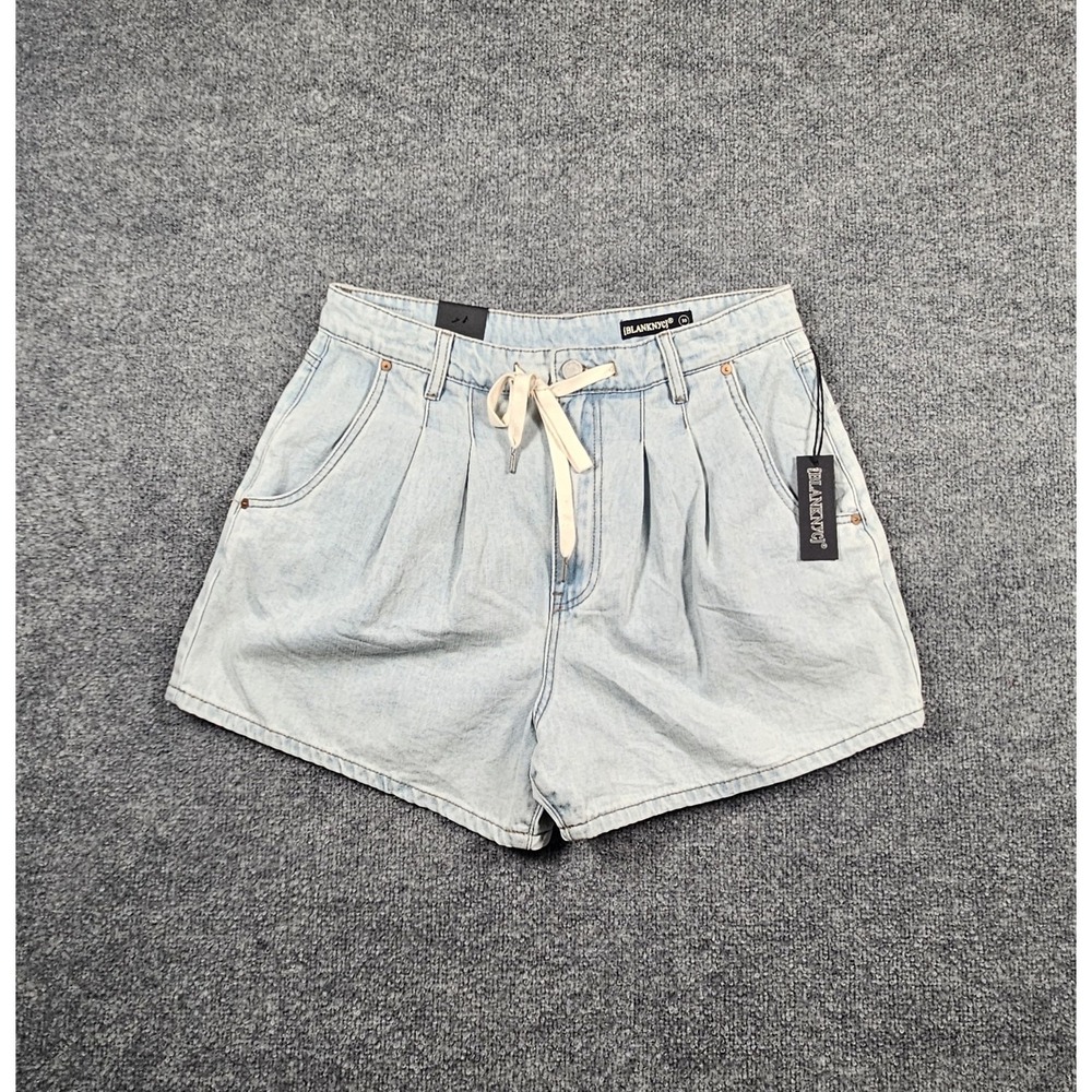 BlankNYC Women Pleated Denim Shorts Size 30 Light Wash Blue Pockets Drawstring - Picture 5 of 9